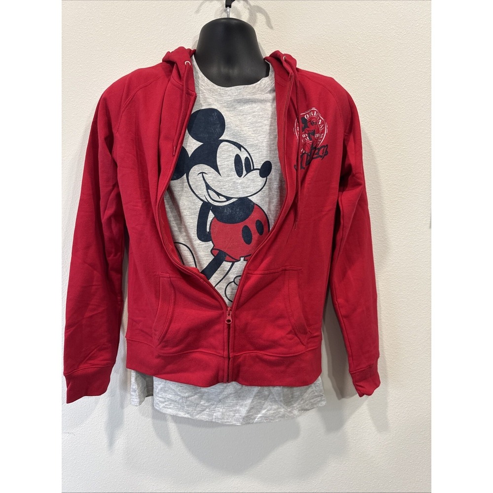 Disney Mickey Mouse‎ Hoodie Women M Red Full Zip Layered Look Graphic Sweatshirt